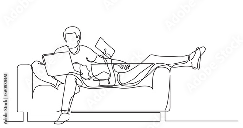 one line drawing of young couple relaxing on sofa with laptop tablet working from home - PNG image with transparent background