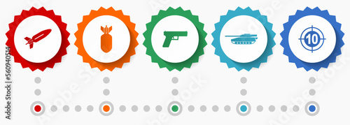 War vector icons, army and weapon flat design web badges collection, business infographic template