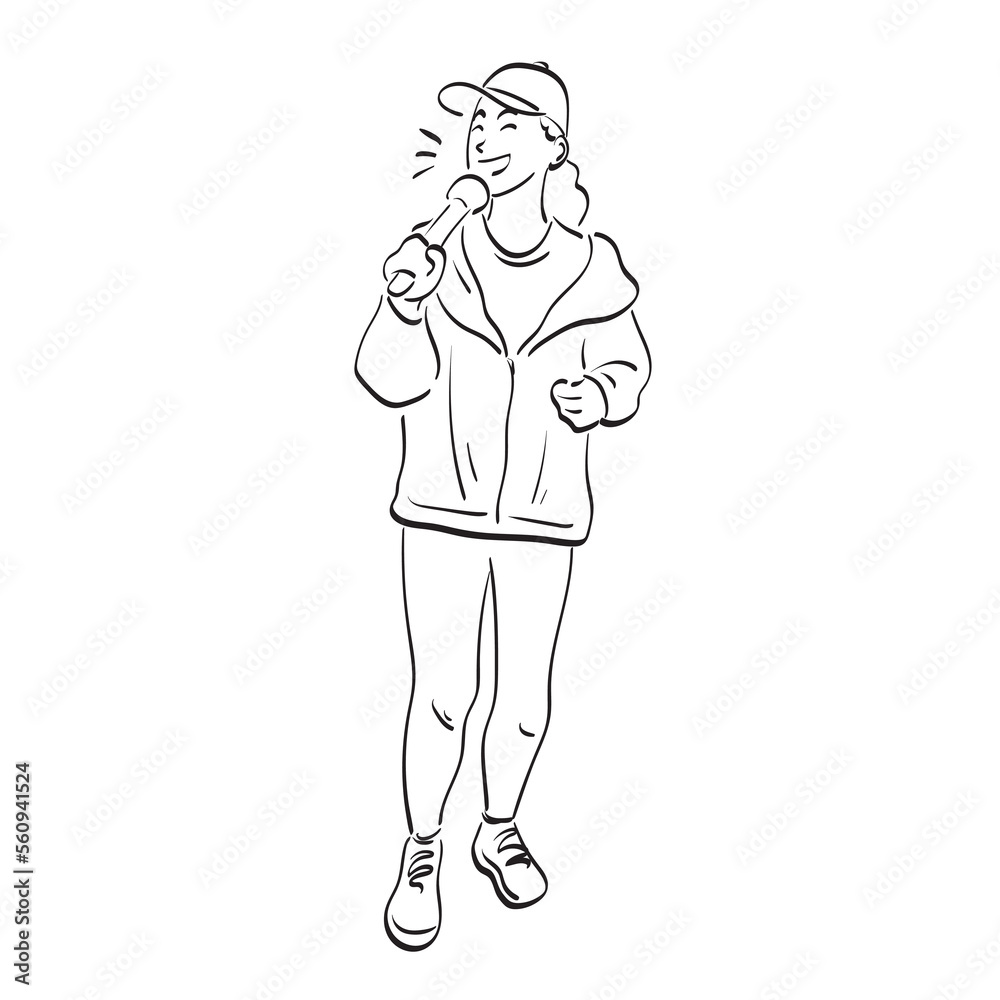 line art full length of woman in sportswear holding microphone illustration vector hand drawn isolated on white background
