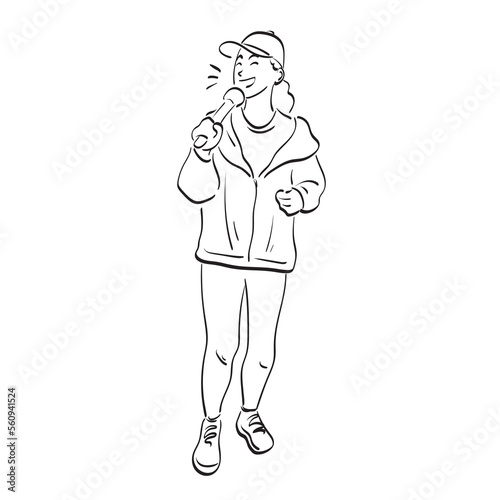 line art full length of woman in sportswear holding microphone illustration vector hand drawn isolated on white background