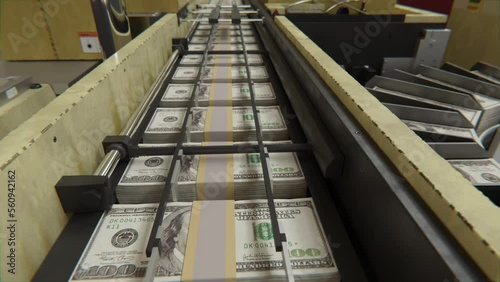 100 USA dollars banknotes are being printed by currency press machine. Animation showing a process of american money printing. Seamlessly looped video of money printing process.
