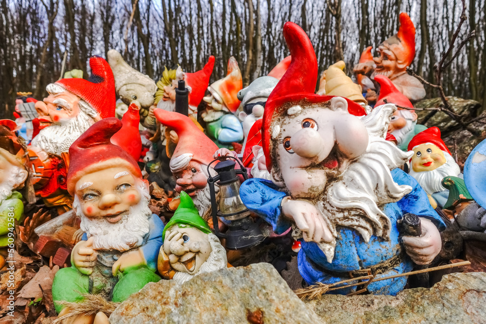 lot of colorful different garden gnomes at a place in the forest lot of colorful different garden gnomes at a place in the forest