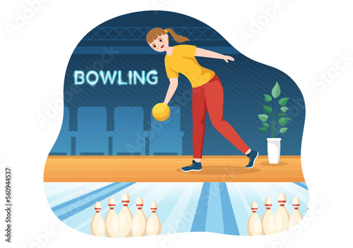 Bowling Game Illustration with Pins, Balls and Scoreboards in a Sport Club for Web Banner or Landing Page in Flat Cartoon Hand Drawn Templates
