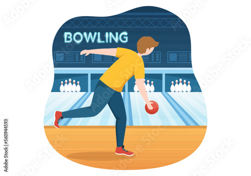 Bowling Game Illustration with Pins, Balls and Scoreboards in a Sport Club for Web Banner or Landing Page in Flat Cartoon Hand Drawn Templates