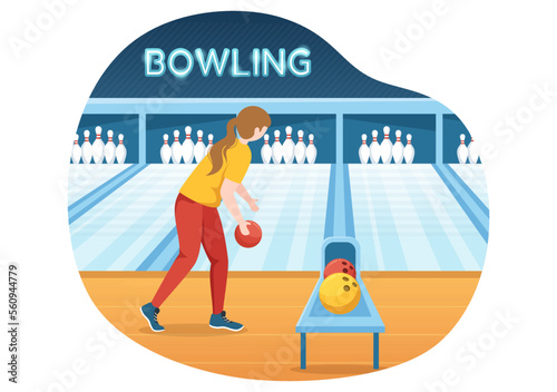 Canvas Print Bowling Game Illustration with Pins, Balls and Scoreboards in a Sport Club for W
