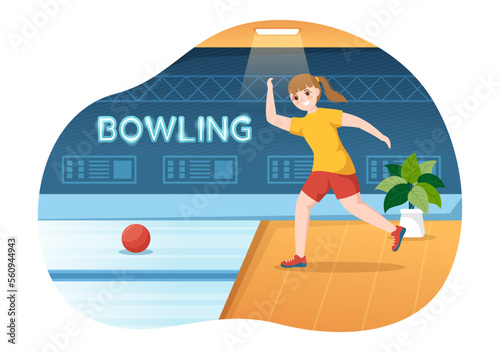 Bowling Game Illustration with Pins, Balls and Scoreboards in a Sport Club for Web Banner or Landing Page in Flat Cartoon Hand Drawn Templates