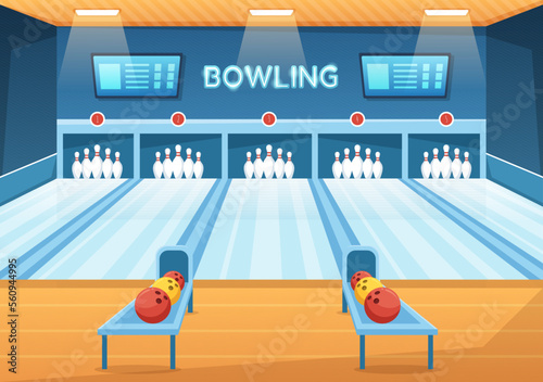 Bowling Game Illustration with Pins, Balls and Scoreboards in a Sport Club for Web Banner or Landing Page in Flat Cartoon Hand Drawn Templates