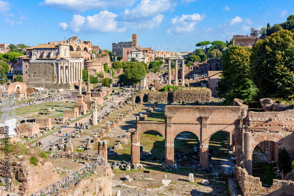 Ruins of Roman Forum in center of Rome, Italy