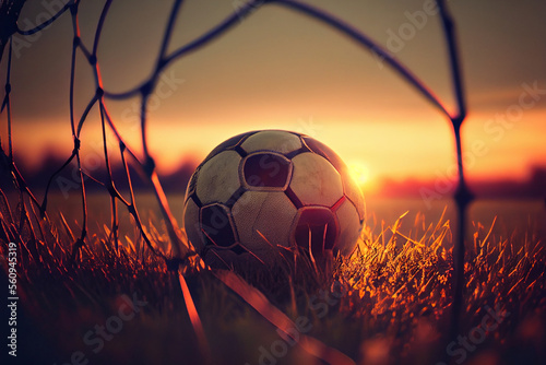 Fußball liegt am Tor mit Sonnenuntergang im Hintergrund - Ai generiert