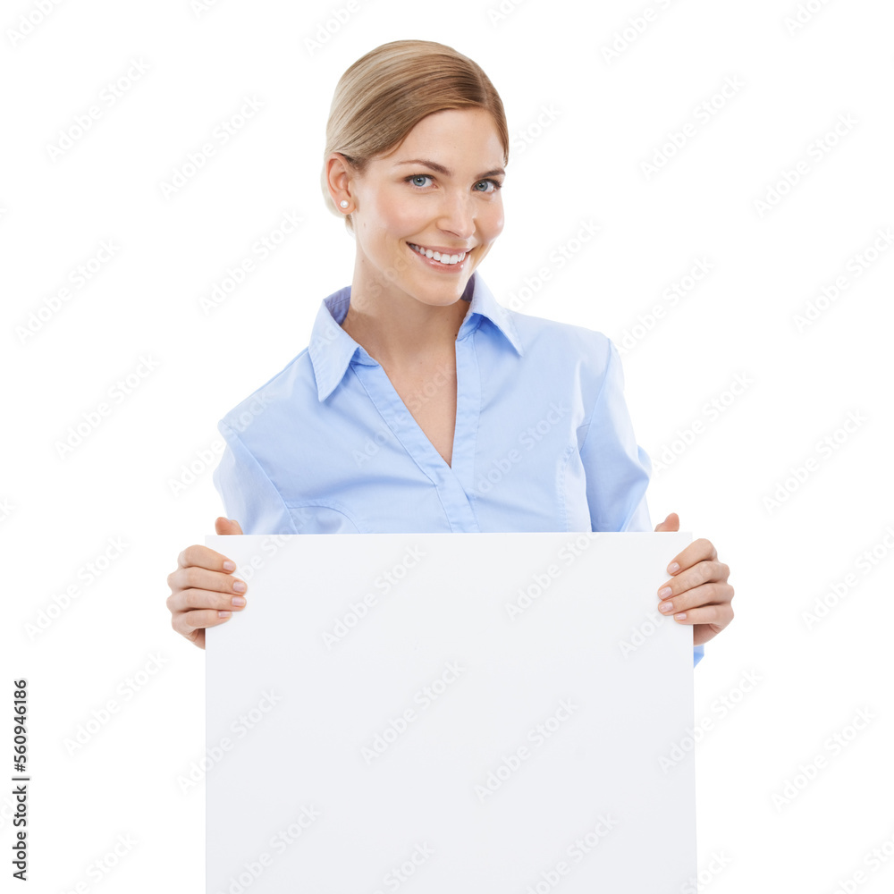 Happy business woman with a poster with mockup space for announcement, advertising or marketing. Signage, card and portrait of female model with blank board with copy space by white studio background Happy business woman with a poster with mockup space for announcement, advertising or marketing. Signage, card and portrait of female model with blank board with copy space by white studio background