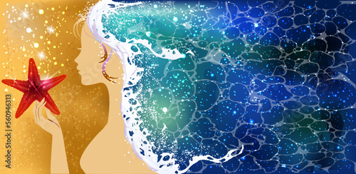 Sea young woman with starfish, vip background, vector illustration