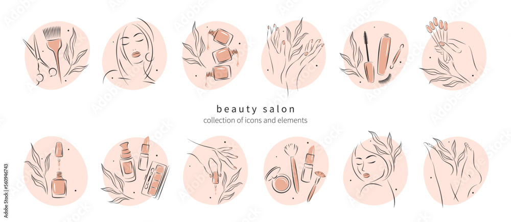 Big set of elements and icons for beauty salon. Nail polish, manicured female hands and legs, beautiful woman face, lipstick, eyelash extension, makeup, hairdressing. Vector illustrations Big set of elements and icons for beauty salon. Nail polish, manicured female hands and legs, beautiful woman face, lipstick, eyelash extension, makeup, hairdressing. Vector illustrations