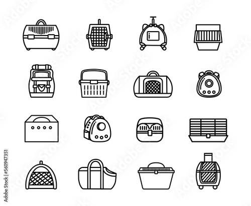 Set of icons of different carriers, cages, bags, backpacks, box for domestic pets: cat, dog, rabbit, guinea pig, hamster, reptiles. Accessorises for transportation. Vector illustration in line style