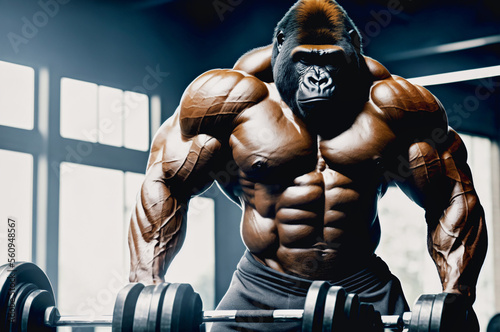 muscular bodybuilding gorilla is posing for a picture in a gym with bright window in the back and light from above with a barbell and a weight plate in front of him, generative AI photo