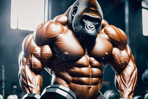 muscular bodybuilding gorilla is posing for a picture in a gym with bright window in back and light from above with a barbell and a weight plate in front of him, generative AI photo
