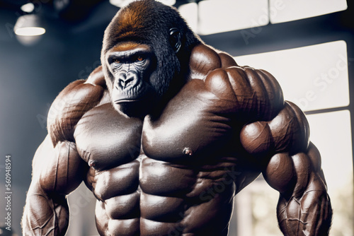 closeup muscular bodybuilding gorilla is posing for a picture in a gym with bright window in back and light from above with a barbell and a weight plate in front of him, generative AI photo