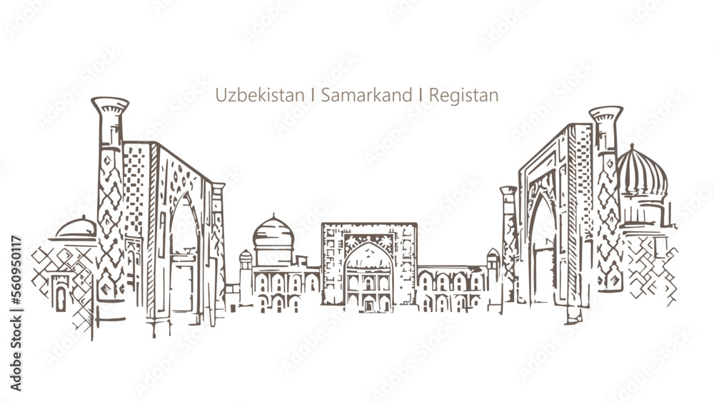 Uzbekistan, Samarkand, Registan. Architectural attraction. Vector image.