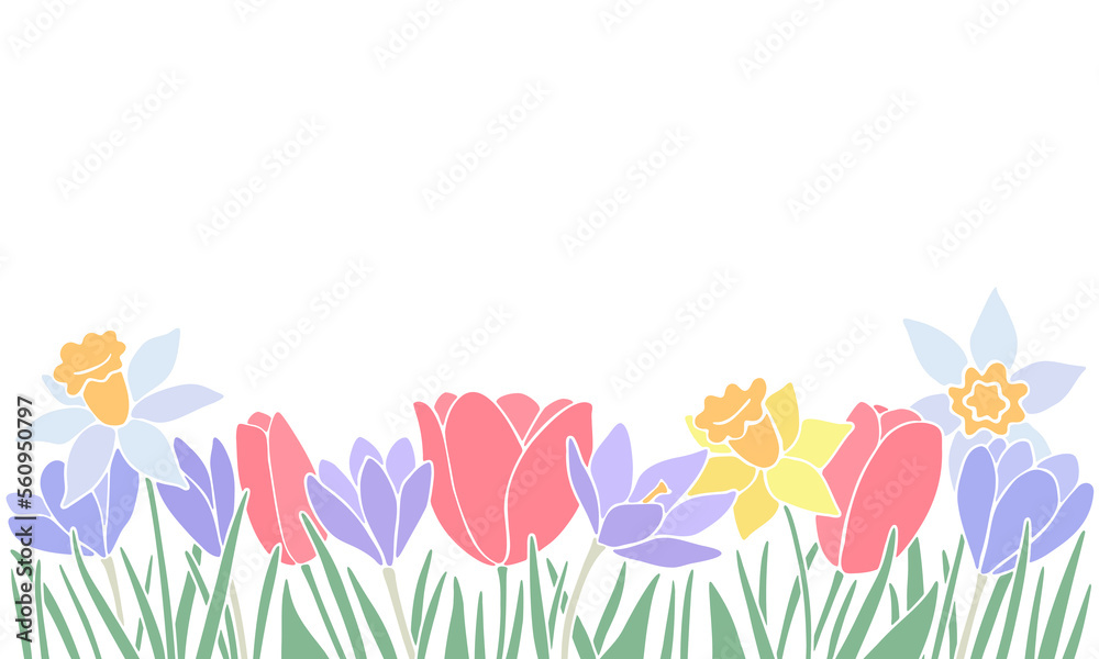Spring flowers border with crocus, daffodils, and tulips with stems and leaves Spring flowers border with crocus, daffodils, and tulips with stems and leaves
