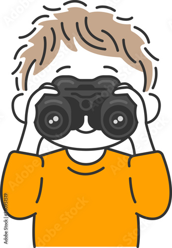 双眼鏡を使う、男の子のイラスト