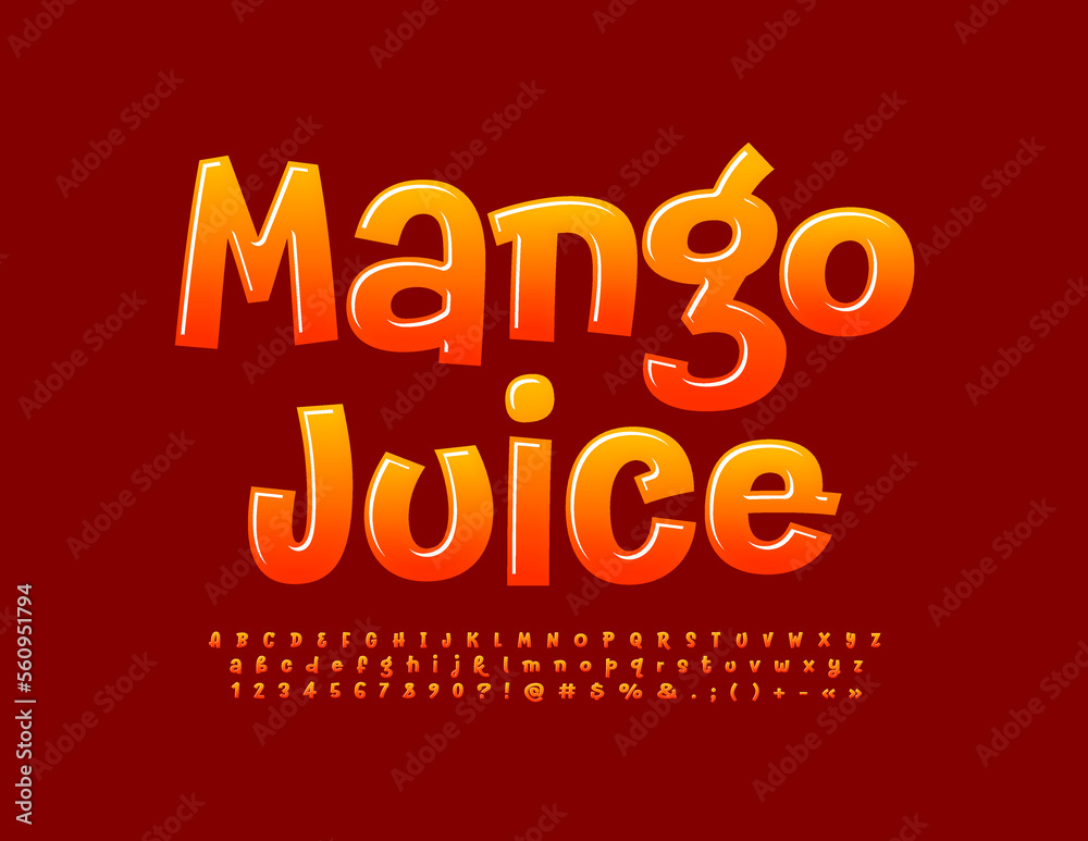 Vector tasty Sign Mango Juice. Funny glossy Font. Bright Modern Alphabet Letters and Numbers