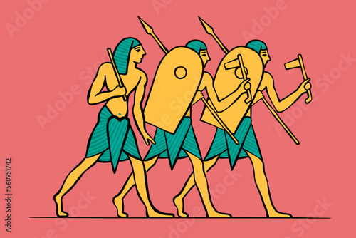 Egypt's Warriors with shield, lance, axe engraving style vector illustration. Ancient historical characters.