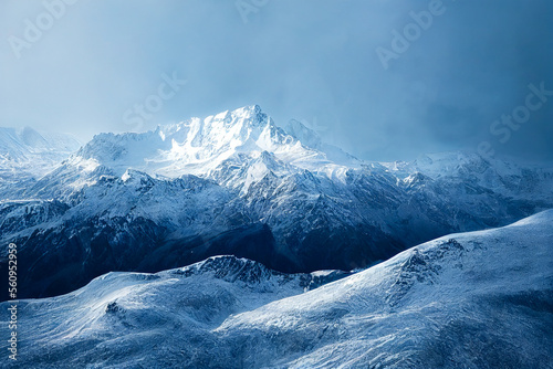 snow covered mountains in winter, generative ai illustration photo