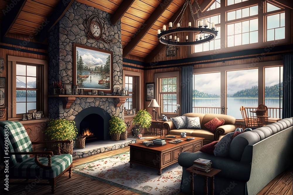 Fototapeta premium Cozy Lake House Living Room With Lake View,hyperrealism, photorealism, photorealistic
