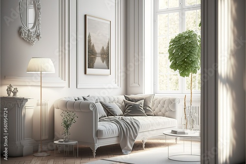 Stylish room in white color with sofa. Scandinavian interior design. 3D illustration hyperrealism  photorealism  photorealistic