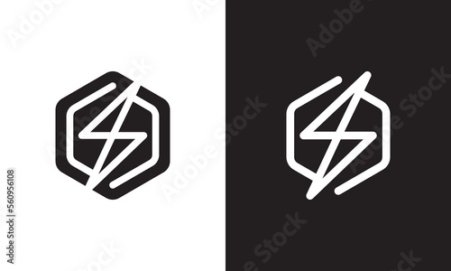 lightning hexagon logo. flash energy bolt outline style concept icon vector illustration.