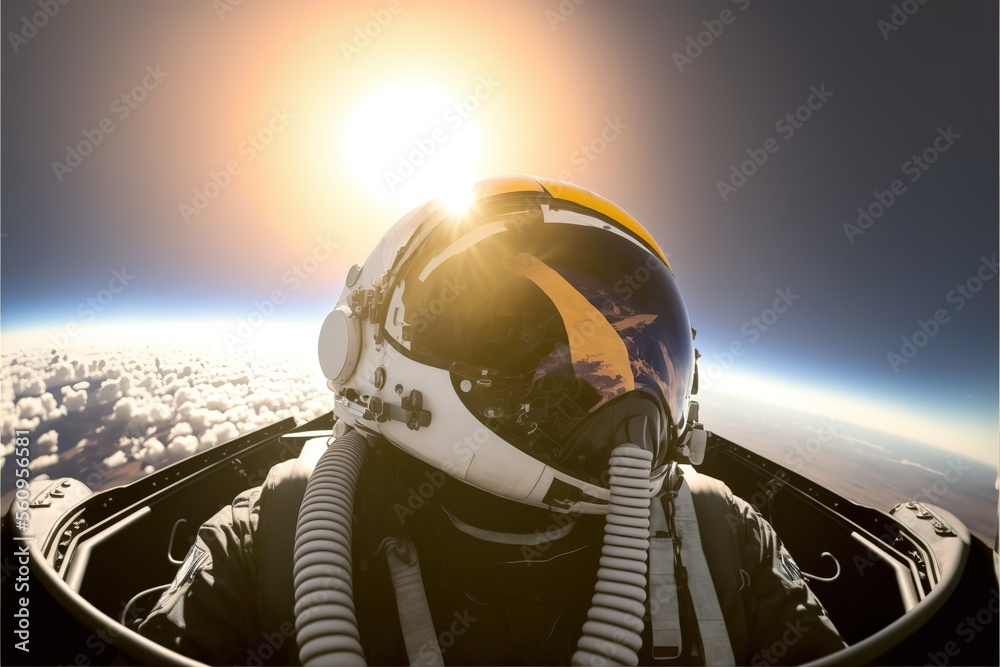Military pilot in protective helmet in plane in space AI - obrazy, fototapety, plakaty 