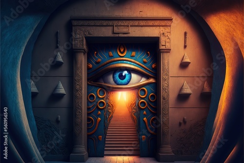 Fototapet Eye of Horus and stairs with bright orange light in end AI