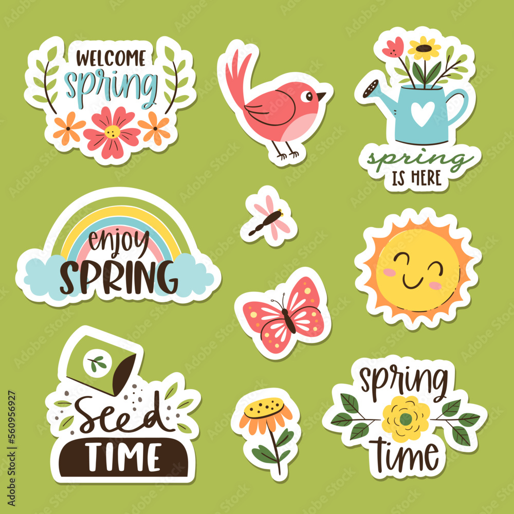 Cute spring sticker collection. Hand-drawn colorful stickers with ...