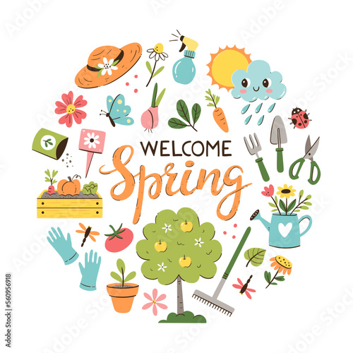 Hand drawn seasonal background with gardening elements. Gardening tools, plants and flowers. Colorful vector illustration with isolated elements.