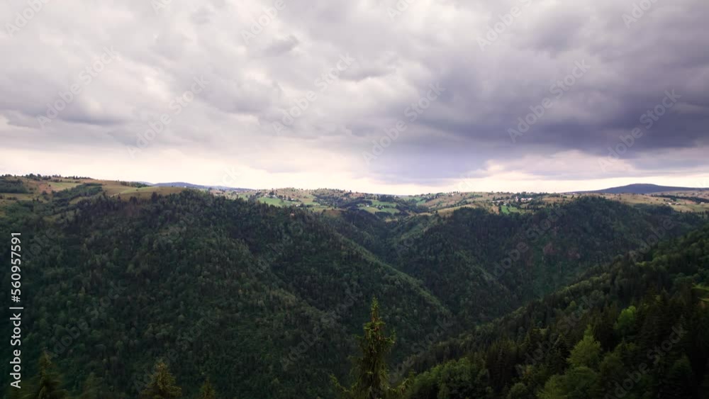Aerial view of carpathian mountain valley with green forest in Marisel Aerial view of carpathian mountain valley with green forest in Marisel