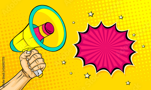 Hand hold megaphone cartoon comic style background