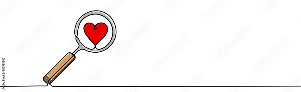 Search heart and love icon. Magnifying glass with heart inside. One continuous line vector illustration Search heart and love icon. Magnifying glass with heart inside. One continuous line vector illustration