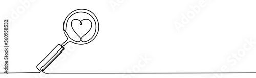 Search heart and love icon. Magnifying glass with heart inside. One continuous line vector illustration