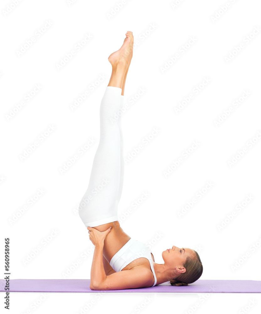 Fitness, yoga and feet of woman in air in studio isolated on a white background mockup. Zen chakra, pilates meditation and young female athlete training or stretching legs for health and wellness. Fitness, yoga and feet of woman in air in studio isolated on a white background mockup. Zen chakra, pilates meditation and young female athlete training or stretching legs for health and wellness.