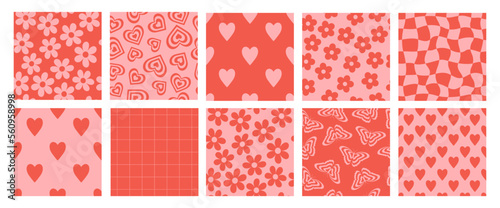 Set of groovy lovely seamless patterns. Love concept. Happy Valentines day. Fun background and texture in trendy retro 60s 70s cartoon style.