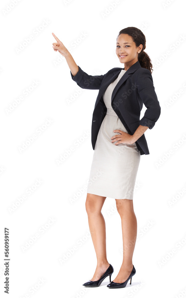 Business, portrait and woman pointing at product placement for marketing or advertising in a studio. Professional, corporate and female model point at mockup space while isolated by white background. Business, portrait and woman pointing at product placement for marketing or advertising in a studio. Professional, corporate and female model point at mockup space while isolated by white background.
