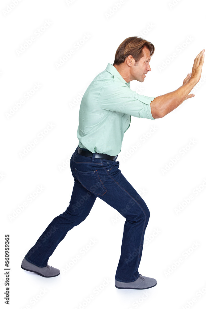 Man, pushing and obstacle or frame in struggle against a white studio background. Isolated casual male walking to push heavy weight or shield using physical effort with expression or gesture Man, pushing and obstacle or frame in struggle against a white studio background. Isolated casual male walking to push heavy weight or shield using physical effort with expression or gesture