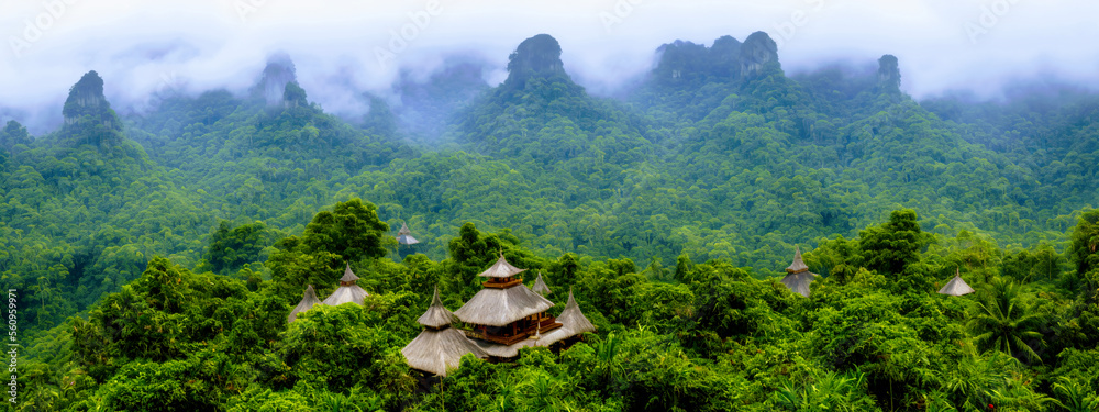 Fototapeta premium Rain forest scene with hidden mountaintop temple, misty mountains, panoramic landscape, generative AI