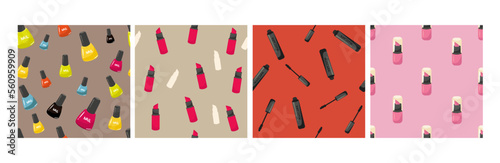 se of Makeup seamless pattern. Illustrations of different cosmetics. Lipstick and pomade glamour vector background