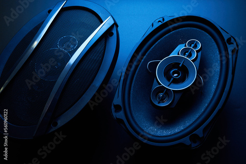 Black car sound speakers close-up on a black background, audio system, hard bass subwoofer