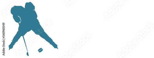 Hockey background with a silhouette of a child hockey player with a stick and a puck in a calm blue tint on a white horizontal template. Sports illustration with space for text, promotions, advertisin