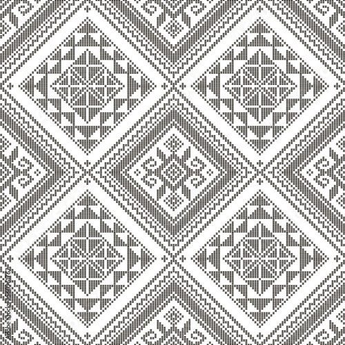 Yakan cloth inspired vector seamless pattern, traditional folk art textile or fabric print design from Philippines, geometric shapes in black and white
