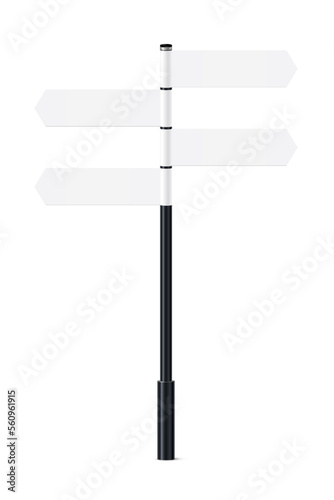Bollard with empty signs, billboards pointing direction forward, 3d black pillar