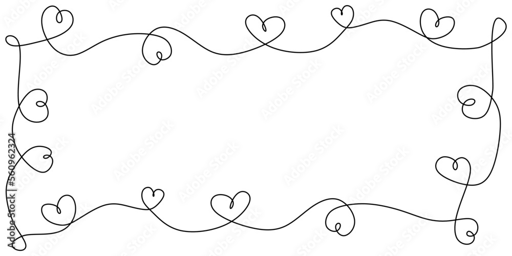 one line drawing ornament of hearts decoration. Frame border background element.