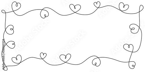 one line drawing ornament of hearts decoration. Frame border background element.