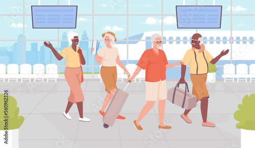 Travel destination for retirees flat color vector illustration. Happy senior travelers journeying together. Fully editable 2D simple cartoon characters with airport terminal on background